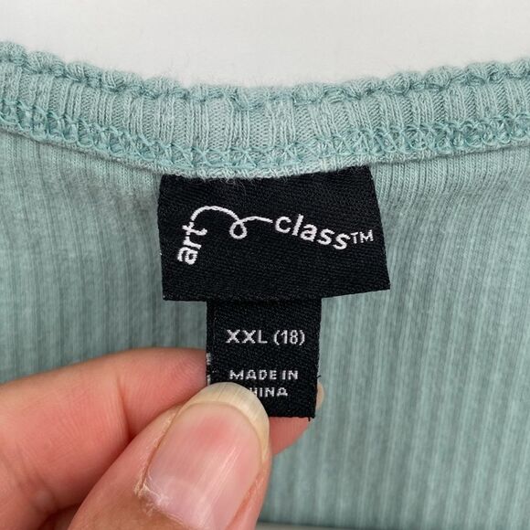 Art Class Girls Fitted Ribbed Shirt Green Ruffle Sleeves Cropped XXL 18 - Picture 3 of 5